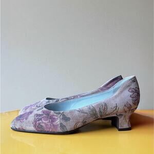 Vintage 70s Suede Heels | Floral Leather Square Toe Block Heel | 7.5M
